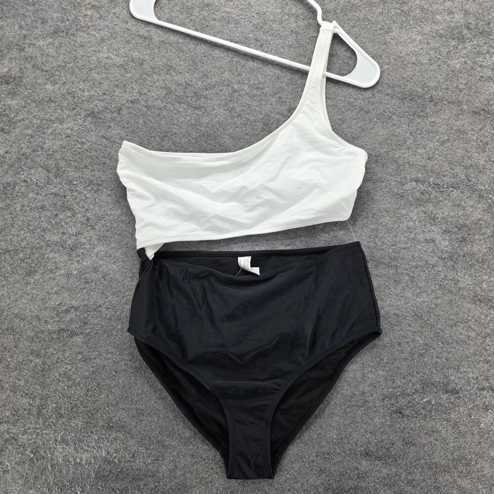 New Look Swimsuit Womens UK14 EU42 Black White One Shoulder Cutout Holiday Suit